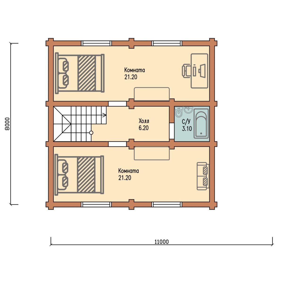 План мансардного этажа дома из бруса "С-5" производства Пеновской деревообрабатывающей фабрики
